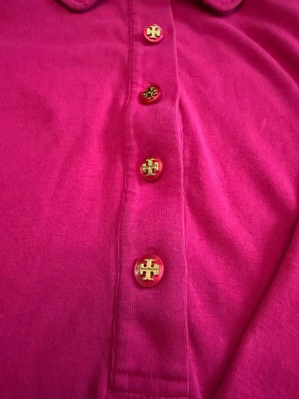 Tory Burch Magenta Pink Long Sleeve Polo Shirt with Logo Buttons